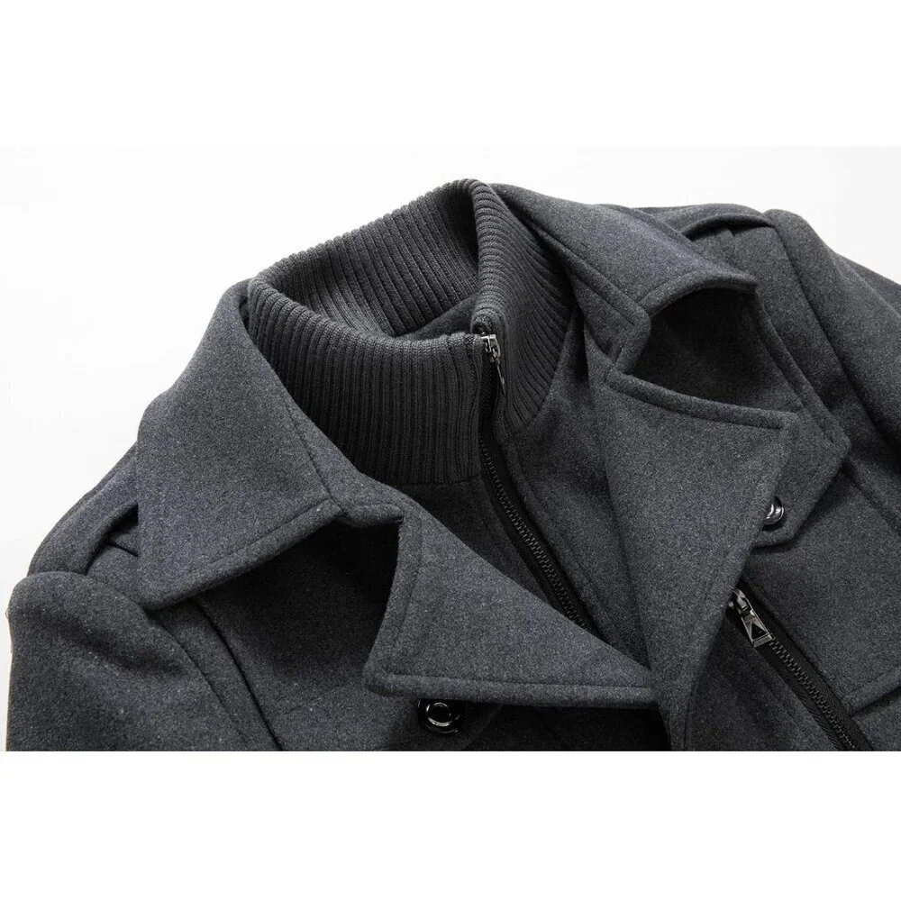 Men's Grey 2 Wool Blend Coat Warm Winter Trench Coat With Detachable Soft Scarf
